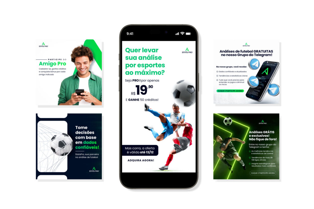 Social media graphic designs for a sports analytics platform.